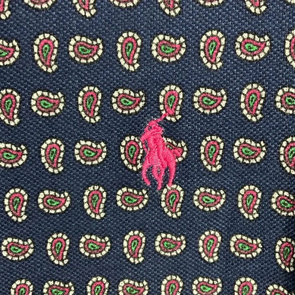 RALPH LAUREN Girls Dress Navy Blue Pink Paisley Ruffle Pony Logo Puff Sleeve 6